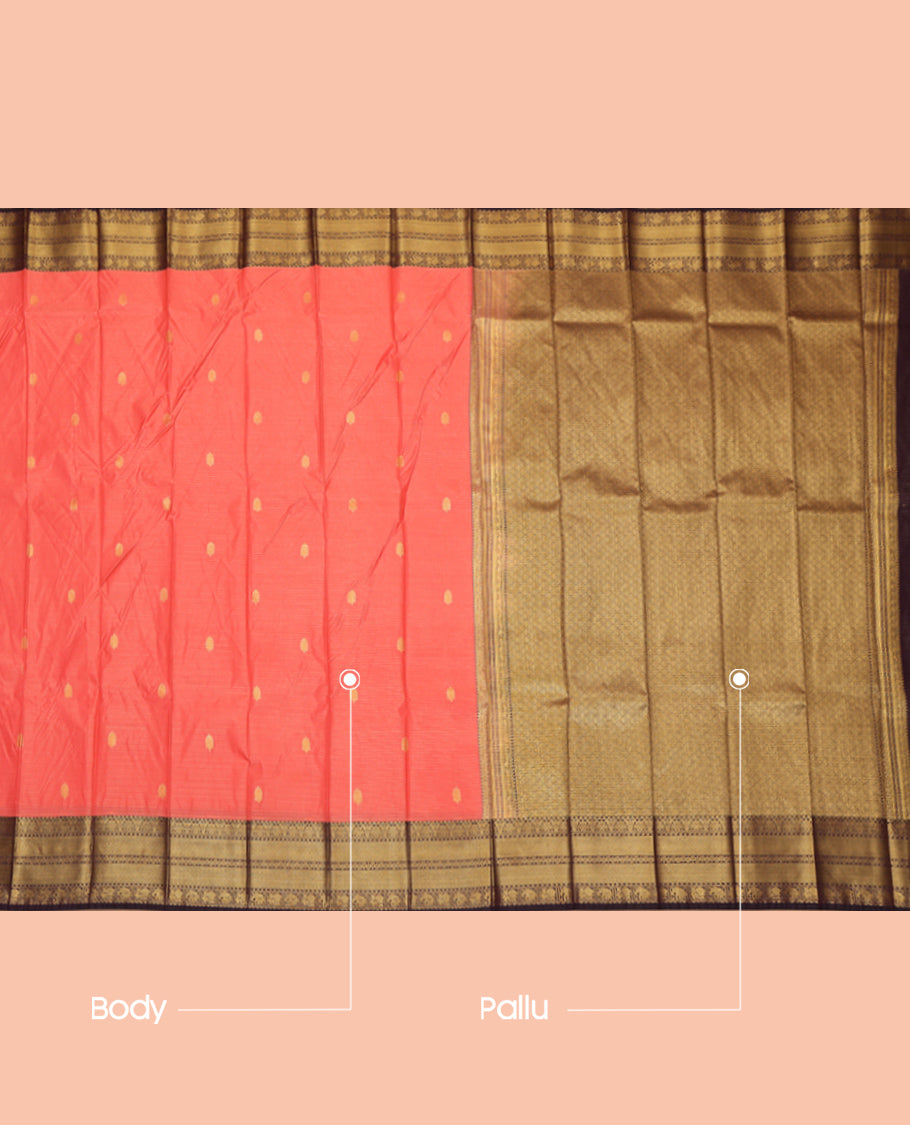 Orange Budget Silk Saree, Woven with Zari Buttas and Stripes, Complemented by Contrast Traditional Zari Border, a Jaal Pallu and a Contrast Blouse