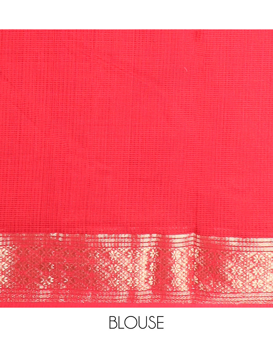 Red checked maheshwari cotton saree with self intricate zari design border & striped pallu