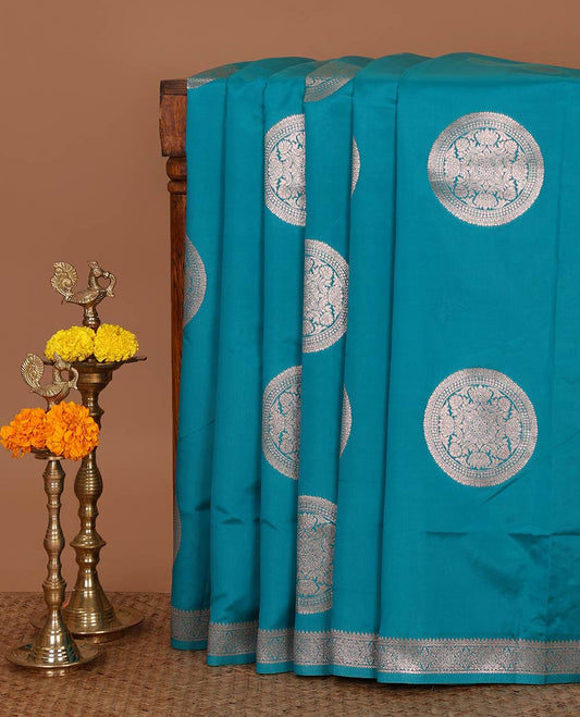 Ramar green elite soft silk saree with zari round buttas, traditional zari border, floral design pallu & flower butta blouse