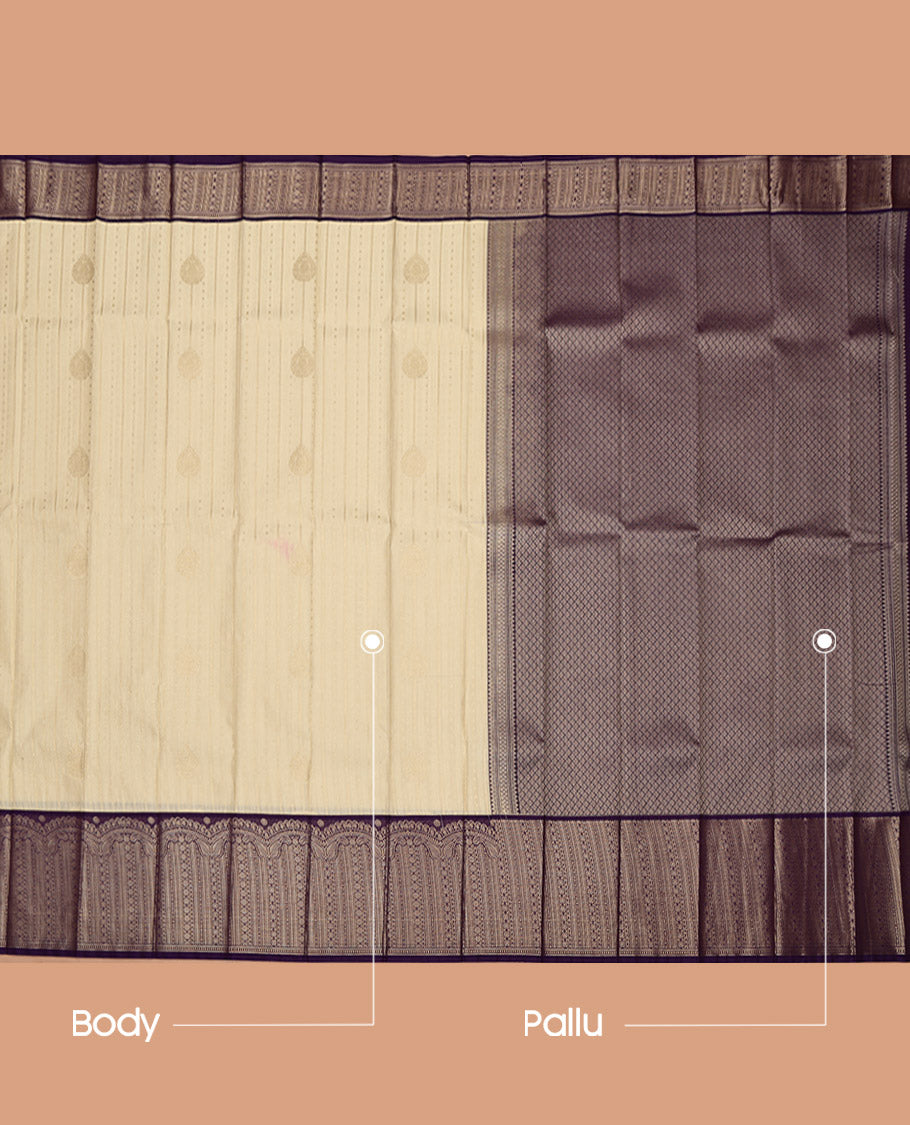 Cream Budget Silk Saree, Sparsely Woven with Zari Design on Its Body, Complemented by a Contrast Geometric Zari Design Border, Pallu of Jaal Designs, and Paired with a Contrast Blouse