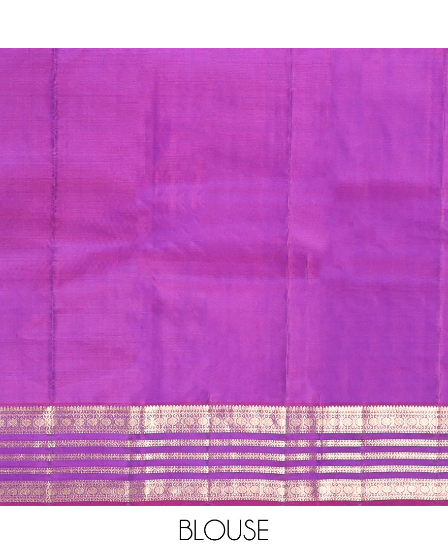 Blue Vasundhara Silk Saree, Enthralled with Zari Buttas, Complemented by a Contrast Border of Rekku, Muthu, Neli, and Chakram Designs, Grand Pallu, and a Contrast Blouse