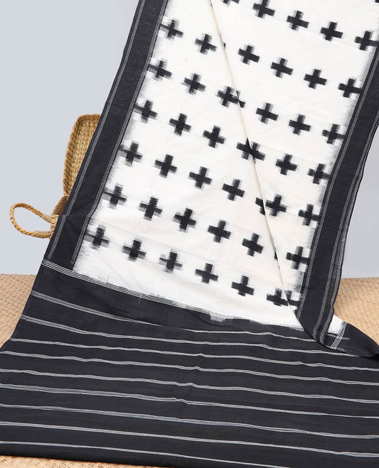 white geometric design ikkat cotton saree with contrast striped border & striped design pallu