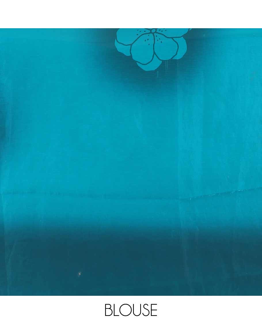 Borderless peacock green floral motifs printed fendy satin saree with a self-pallu and a matching blouse