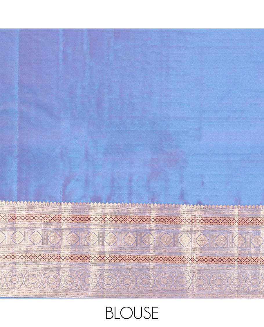 Pink Vasundhara Lite Silk Mix Saree, Beautified with Deepam Buttas, Complemented by a Contrast Border of Thilakam Mokku, Poun, Muthu, Diamond and Chakram Designs, Pallu Steeped with Chakram Designs, and Paired with a Contrast Blouse