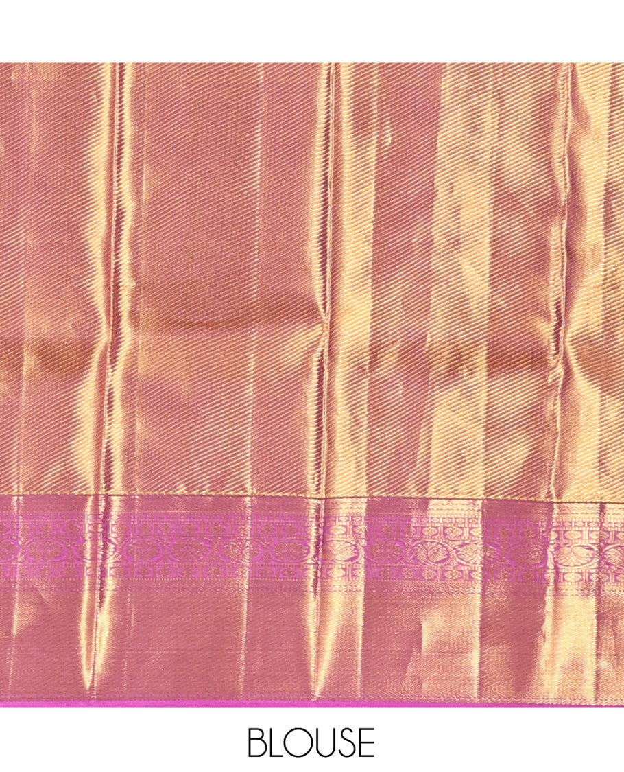 Gold Kanchipuram Tissue Silk Saree,Elegantly Highlighted with Jacquard Design,Complemented by Contrast Border of Banaras, Neli, Poun, and Kodi Visiry Designs, Jaal Pallu, and Contrast Blouse