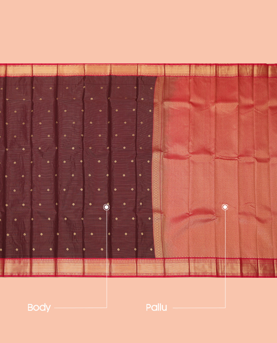 Maroon Budget Silk Saree, Enriched with Zari Buttas and Stripes, a Contrast Traditional Zari Border, Grand Pallu, and a Contrast Blouse