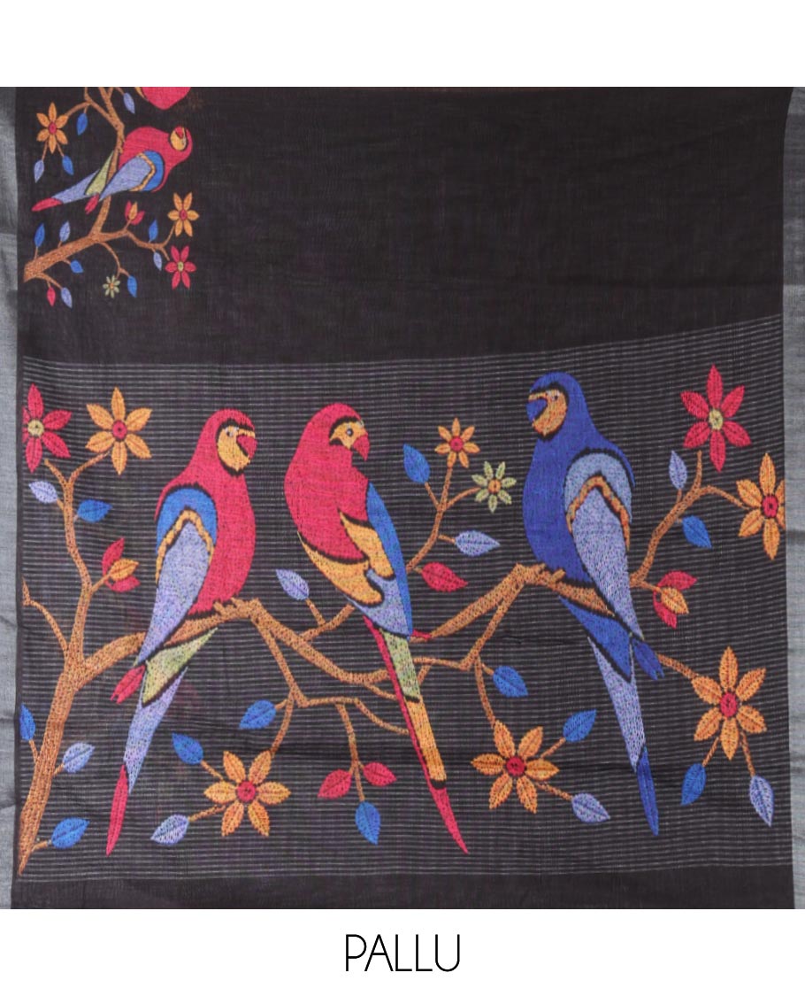 Black Linen Cotton Saree, Masterfully Designed with a Pair of Macaw Parrots Print, a Subtle Zari Border, Pallu of Macaw Parrots, and Paired with a Matching Blouse