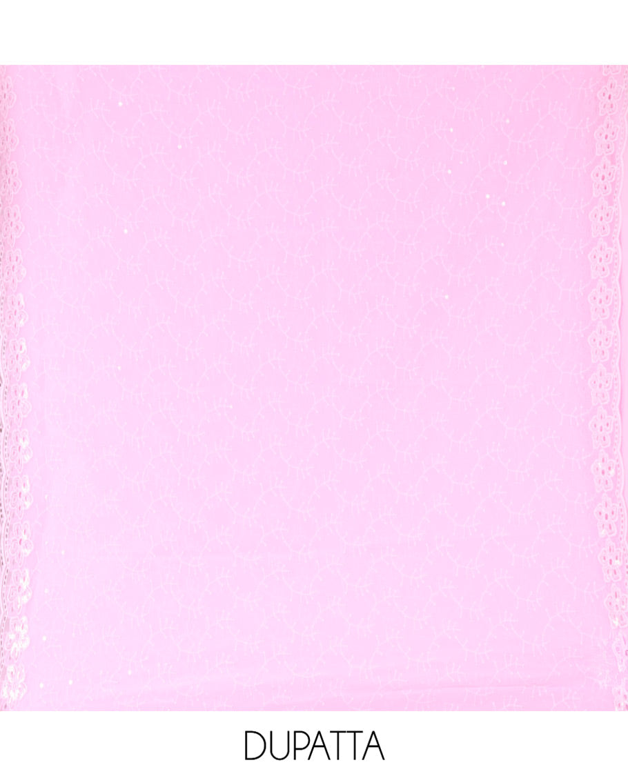 Pink Fox Georgette Material Chudidar Set, Adorned with Cut Work and Sequins Embroidered Top, a Plain American Crepe Bottom, and Comes with a  Embroidered Georgette Scallop Dupatta