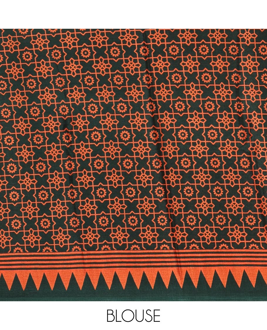 Green vertical stripes printed Turkey crepe saree, temple printed border, geometric printed pallu & Ajrakh-printed blouse