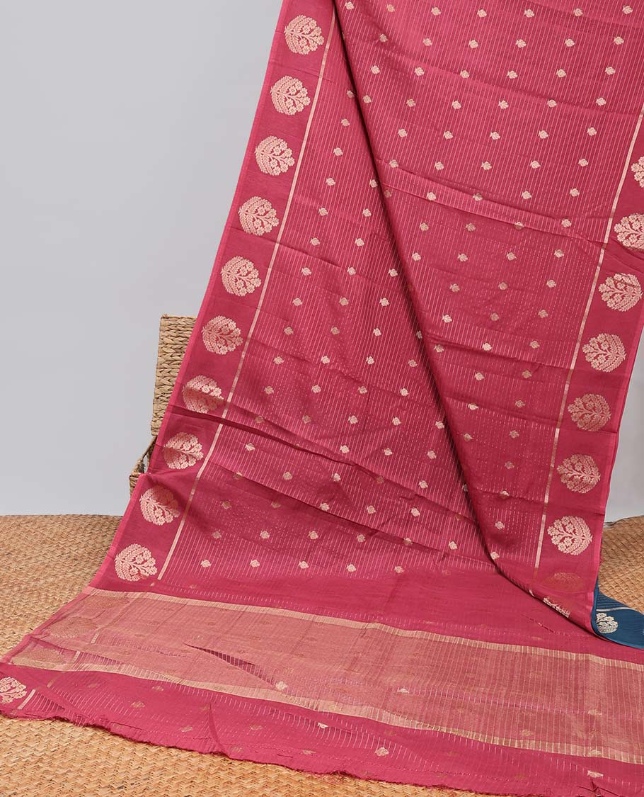 Red striped, floral mushru silk saree with self-floral motifs border & striped zari pallu