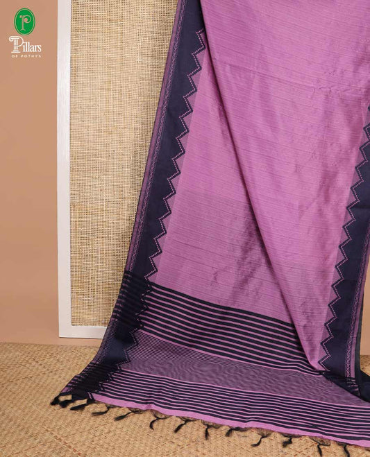 Light pink banarasi jute silk saree with contrast temple border & striped pallu along with contrast blouse