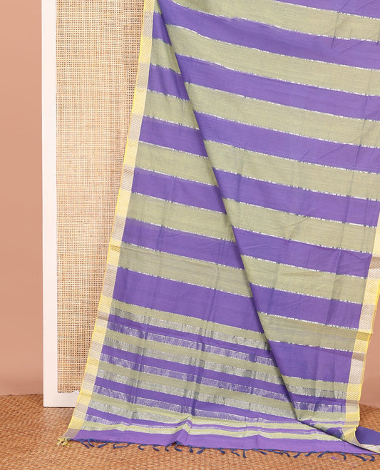 Green and Violet Striped Mangalagiri Cotton Saree, Complemented by Contrast Zari Border, Pallu of Stripes, and Paired with a Matching Blouse