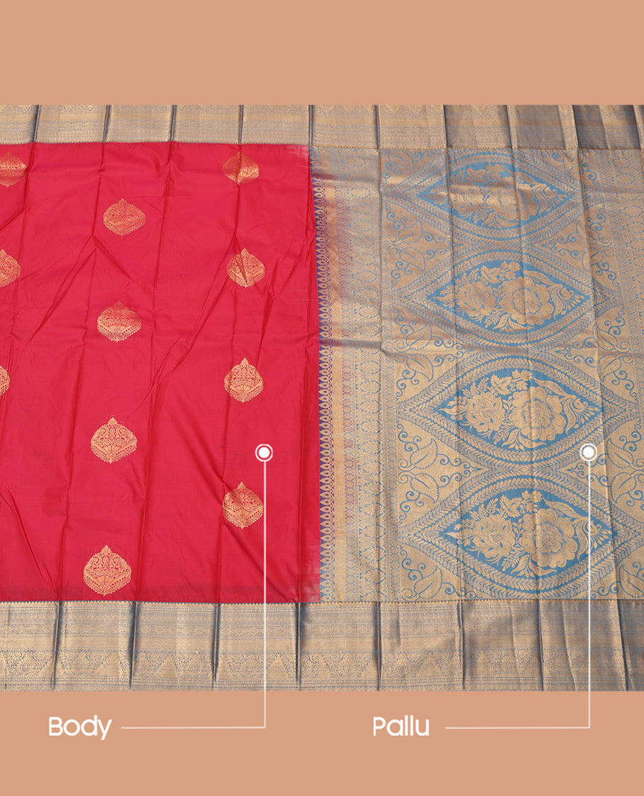 Red Budget Silk Saree, Ornamented with Zari Buttas, Complemented by a Contrast Traditional Zari Border, Intricate Pallu, and a Contrast Blouse