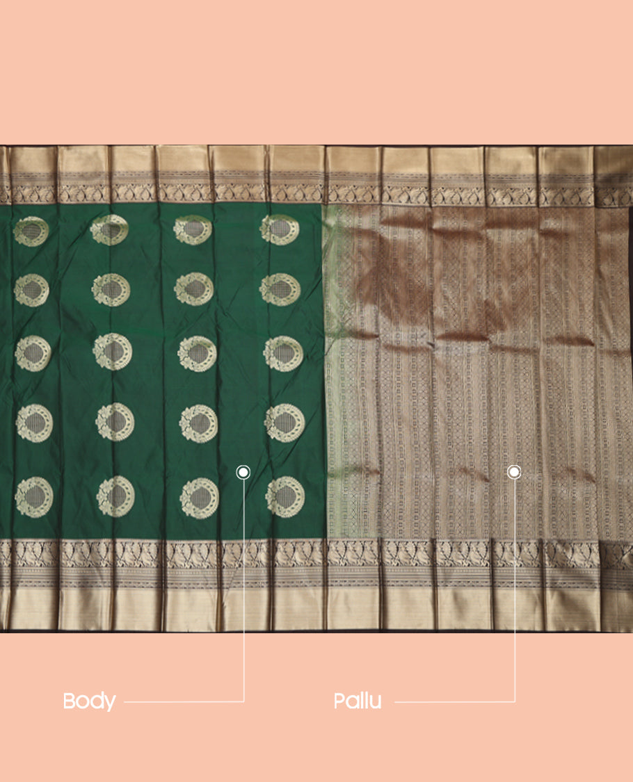 Green Budget Silk Saree, Elevated with Floral-Circular Buttas, a Contrast Traditional Peacock Zari Border, a Grand Pallu and a Contrast Blouse