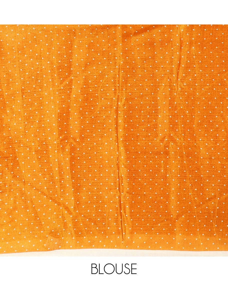Borderless cream and orange polka dots printed art khadi cotton saree, pallu steeped with polka dots, and a contrast tiny polka dots printed blouse