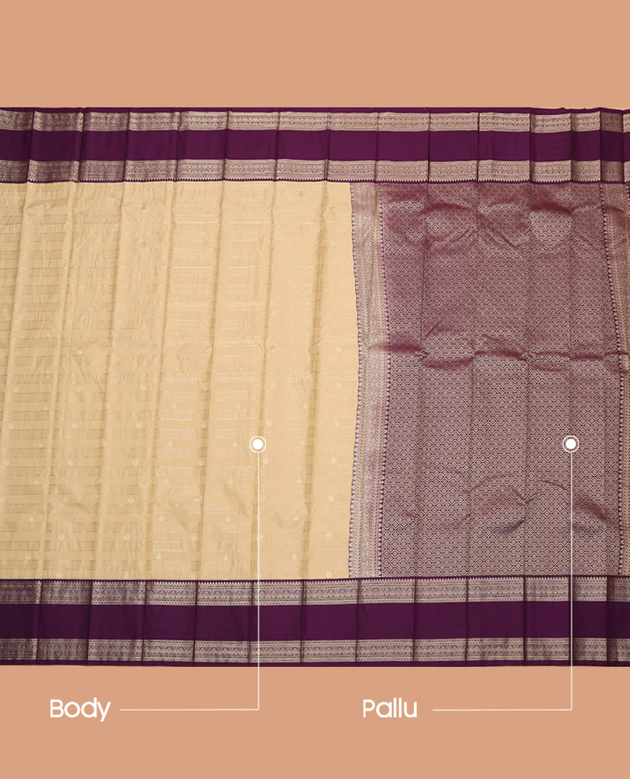 Light Sandal Budget Silk Saree, Sparsely Woven with Zari Buttas and Stripes, a Contrast Traditional Zari Rettai Pettu Border, Grand Pallu, and a Contrast Blouse