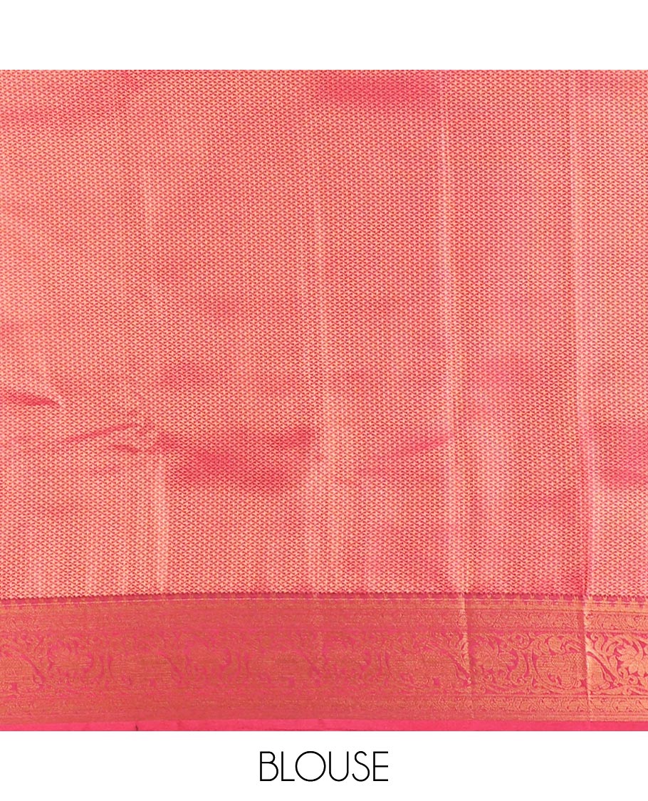 Grey plain luxury soft silk saree, contrast traditional temple zari border of elephant motifs, geometric zari pallu, and a contrast jacquard blouse