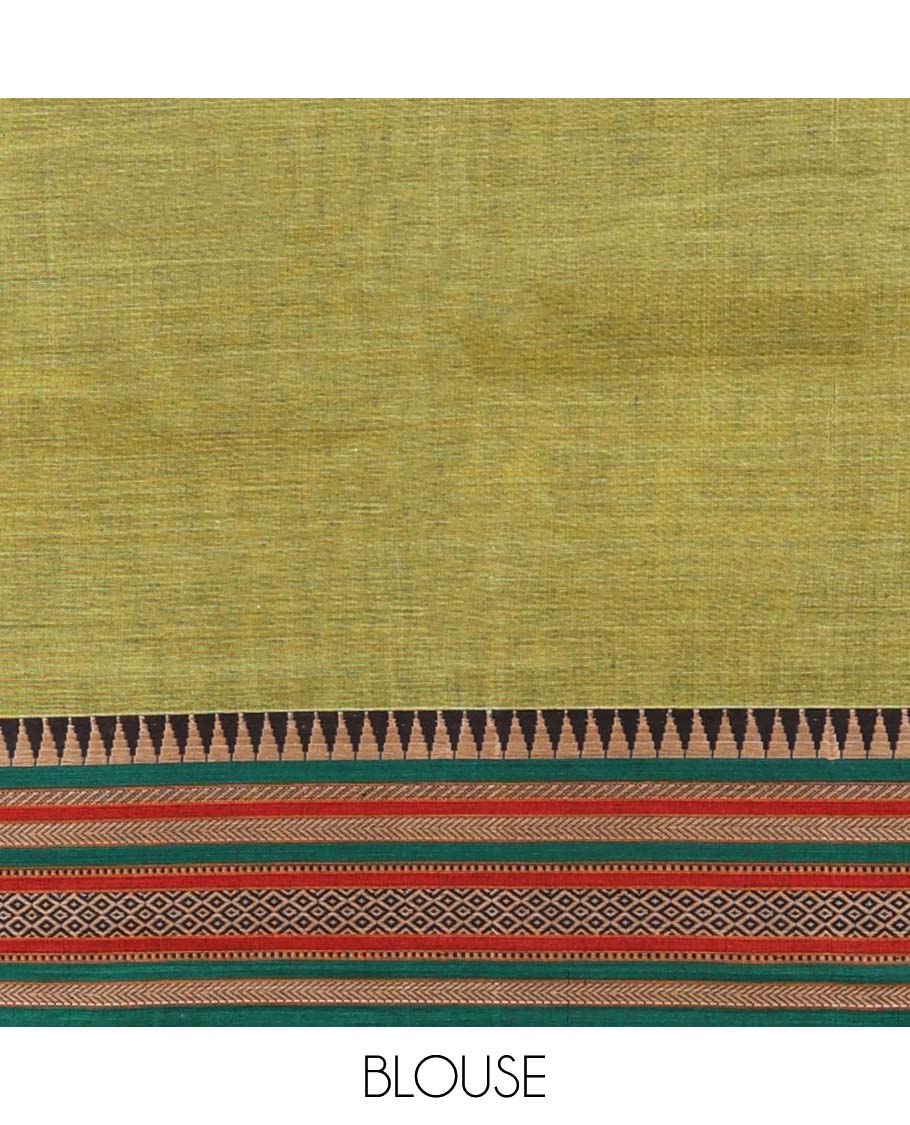 Green plain Narayanapet cotton saree, contrast traditional design ganga jamuna border & striped pallu