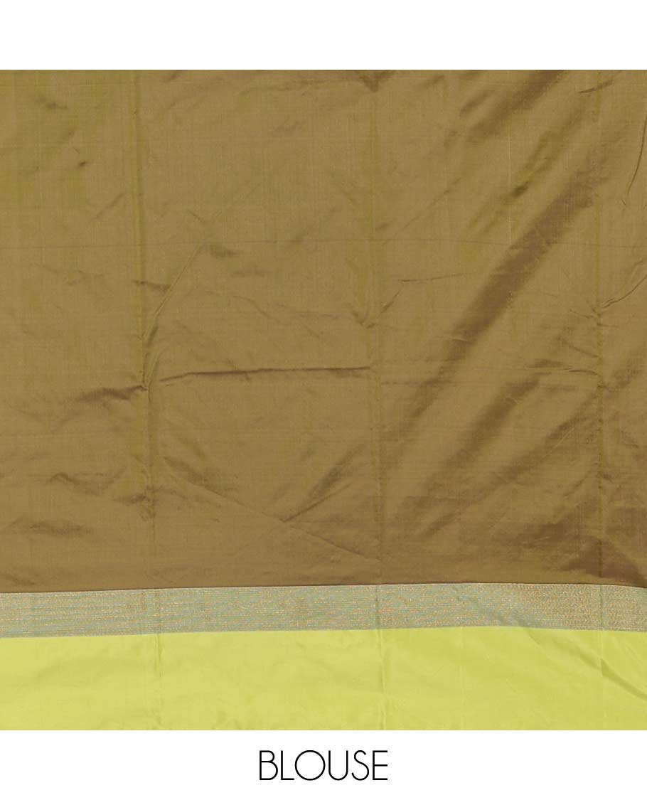 Purple-green plus-shaped buttas steeped semi-soft silk saree, contrast satin border of stripes, striped pallu, and contrast blouse