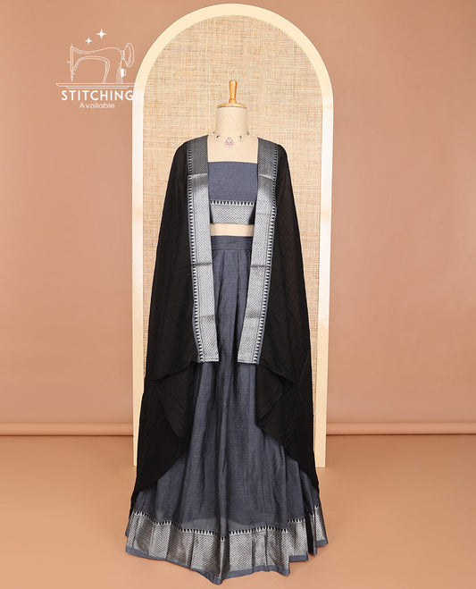 Grey half saree with self zari design border, zari design blouse & plain, intricate zari design border dhavani
