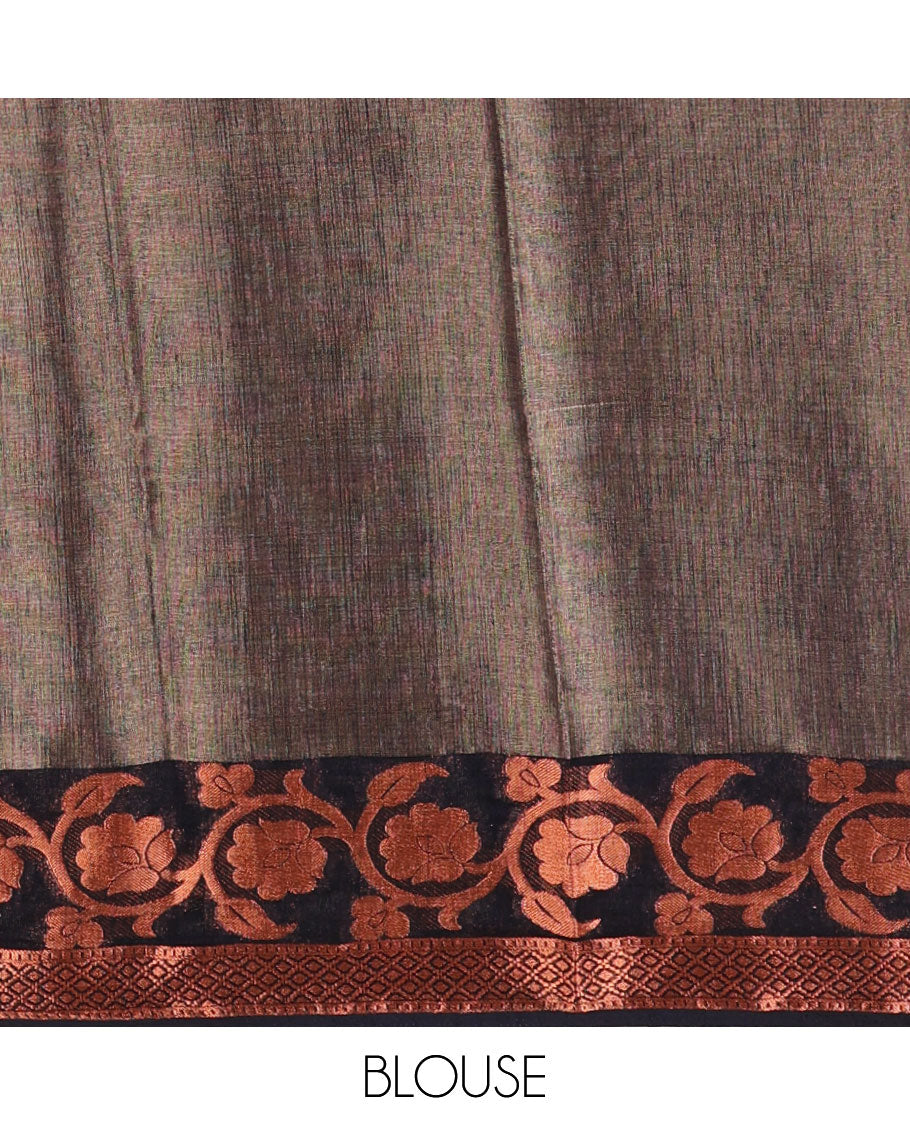 Maroon plain tissue saree, contrast floral creeper & diamond patterned zari border, striped pallu & contrast plain blouse