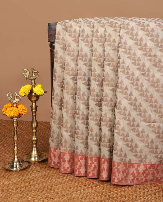 Chikku color with rust color cross fancy design banaras soft kotta saree with thread woven border & chit pallu along with running blouse