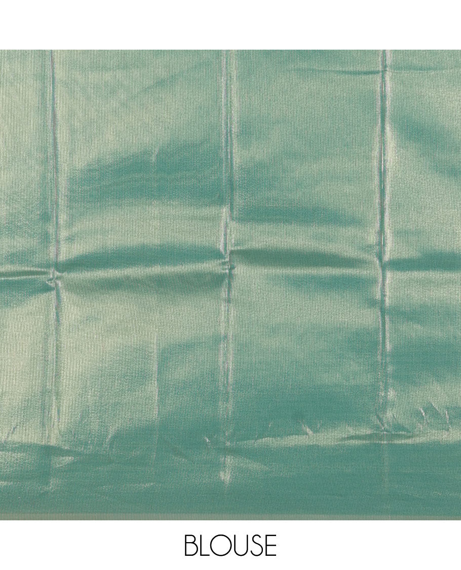 Pink antique buttas tissue silk saree, contrast satin zari border of half-moon motifs, pallu of temple design pallu, and contrast butta blouse