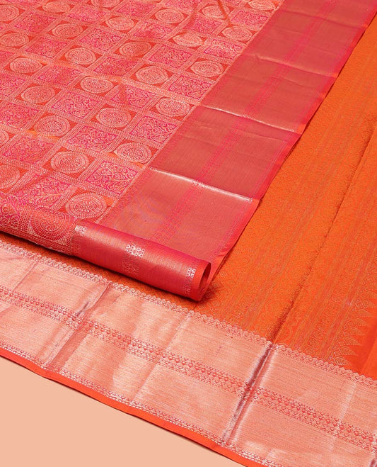 Orange Kanchipuram Wedding Silk Saree, Majestically Detailed with Jacquard Designs on Its Body, Highlighted by a Zari Border of Rekku, Muthu, and Neli Designs, Beautifully Bedecked Pallu, and Paired with a Matching Blouse