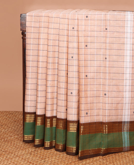 Peach checked Chettinad cotton saree with flower buttas, contrast rettai pettu traditional design border & pallu of stripes