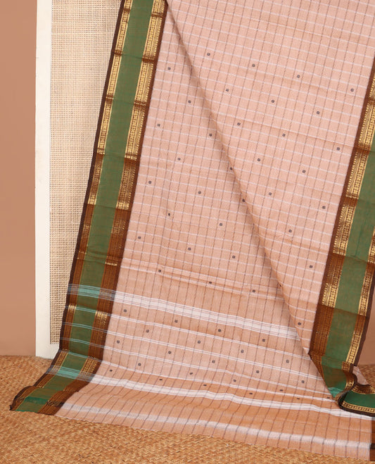 Peach checked Chettinad cotton saree with flower buttas, contrast rettai pettu traditional design border & pallu of stripes