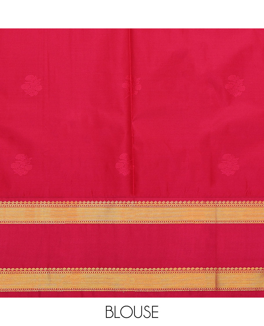 Sandal Budget Silk Saree, Subtly Sparkled with Zari Buttas, Complemented by Contrast Traditional Rettai Pettu Border, Grand Pallu and a Contrast Blouse