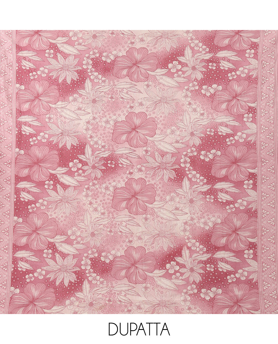 Pink cotton chudidar material set,floral print & neck sequin embroidery top,stripes printed bottom & floral printed dupatta