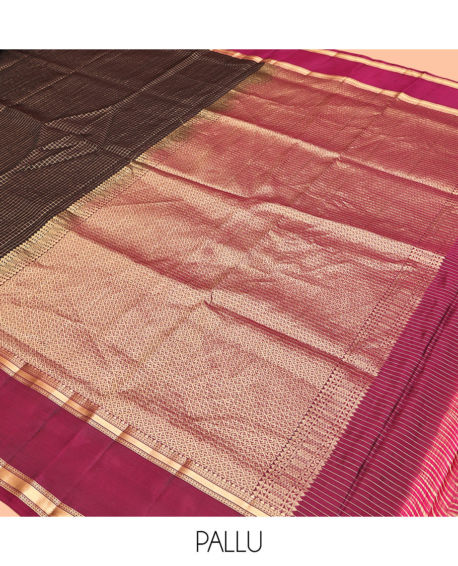 Brown Mayuri Lite Silk Mix Saree, Dazzled with Zari Checked Design All Over Its Body, Complemented by a Contrast Rettai Pettu Traditional Design Border, Pallu of Jaal Designs, and Paired with a Contrast Blouse