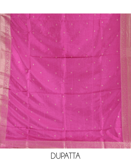 Rani Pink Semi-Silk Material Churidar Features Zari Buttas Woven Top, a Santoon Bottom, and Zari Design Dupatta