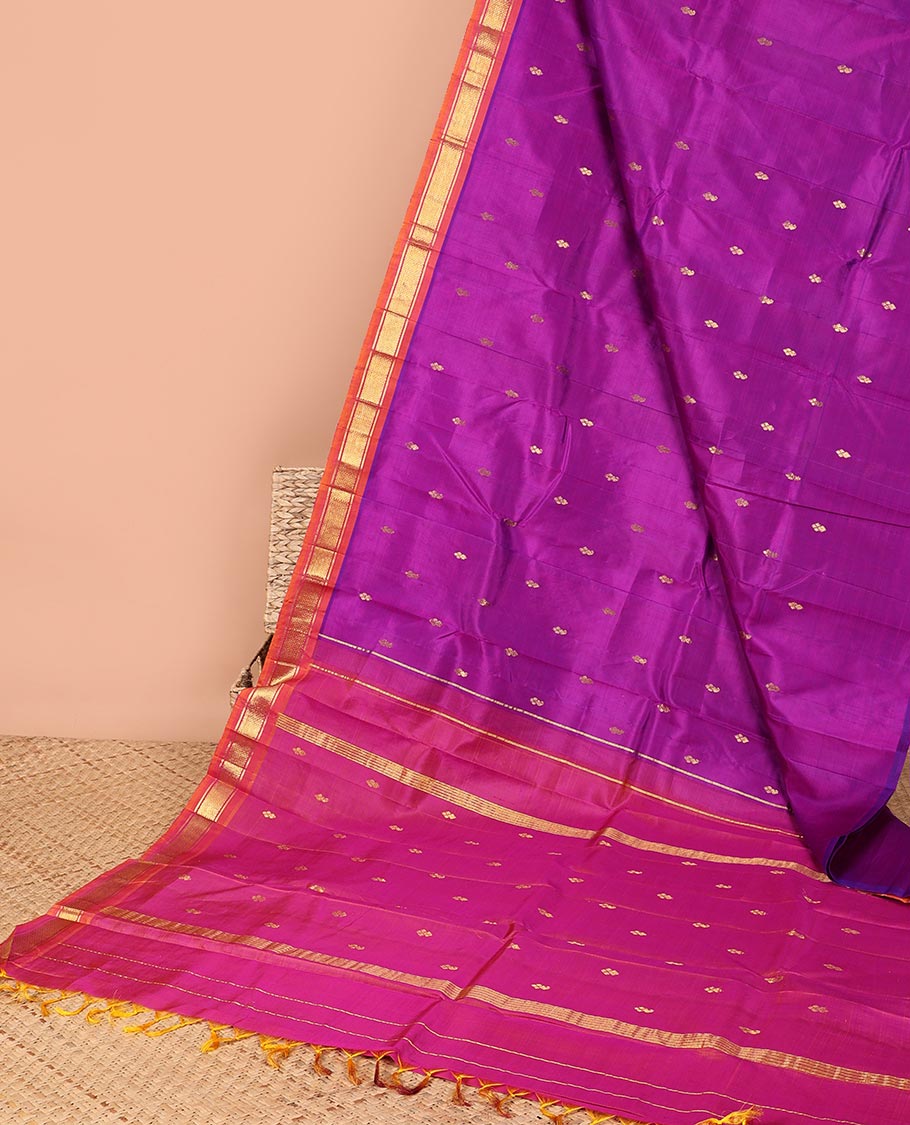 Purple  buttas kancheepuram silk saree with contrast border of banaras, jaal design & striped, floral design pallu