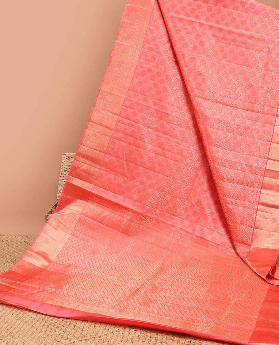 Red floral jacquard kancheepuram silk saree with self border of rekku, kathir, kuyil kann design & zari design pallu
