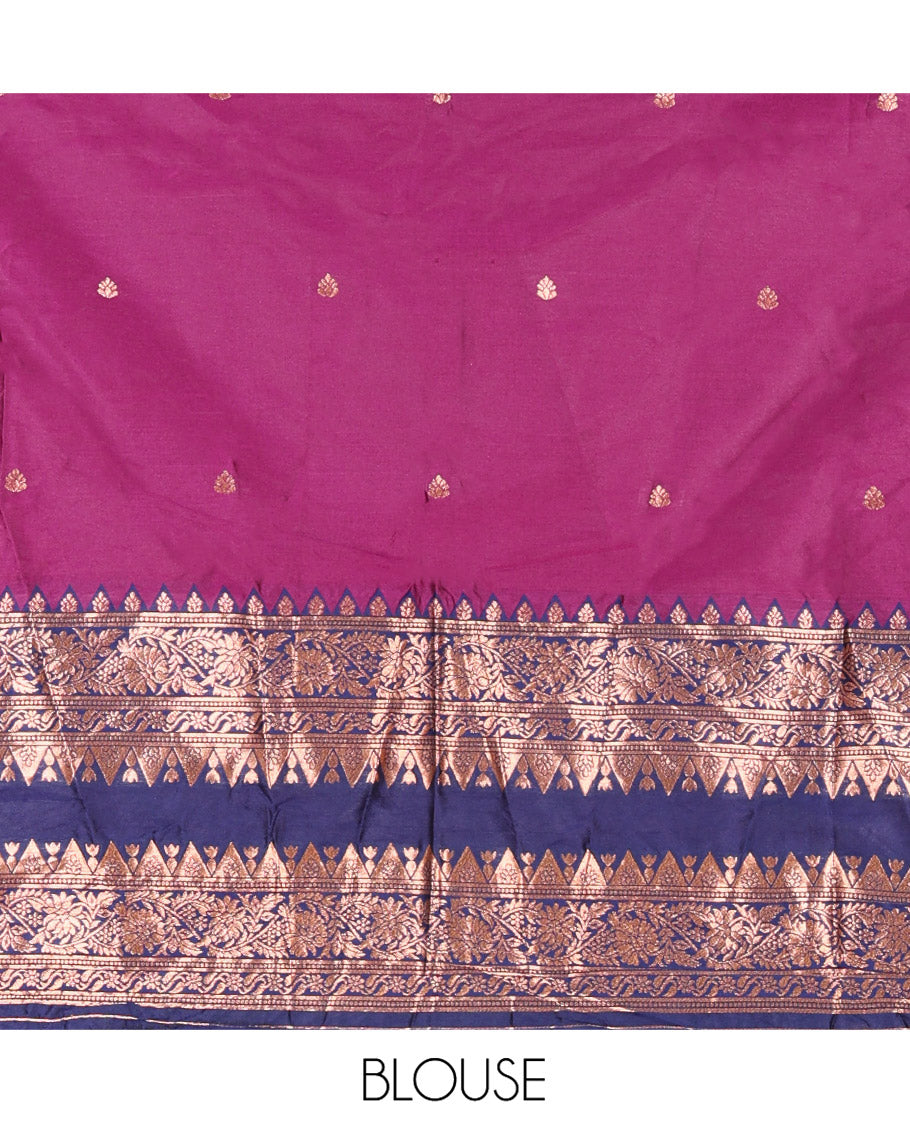 Dark Magenta and Blue Semi-Banarasi Half-Saree, Accentuated with Zari Buttas on Its Skirt, Complemented by a Contrast Rettai Pettu Traditional Zari-Design Border, Paired with a Matching Blouse, and Comes with a Contrast Satin Georgette Embroidered Dhavani