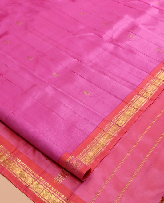 Pink Kanchipuram Silk Saree, Woven with Zari Buttas, a Contrast One-Sided Border of Panner Sombu, Banaras, and Jaal Designs, Zari Design Pallu, and No Blouse