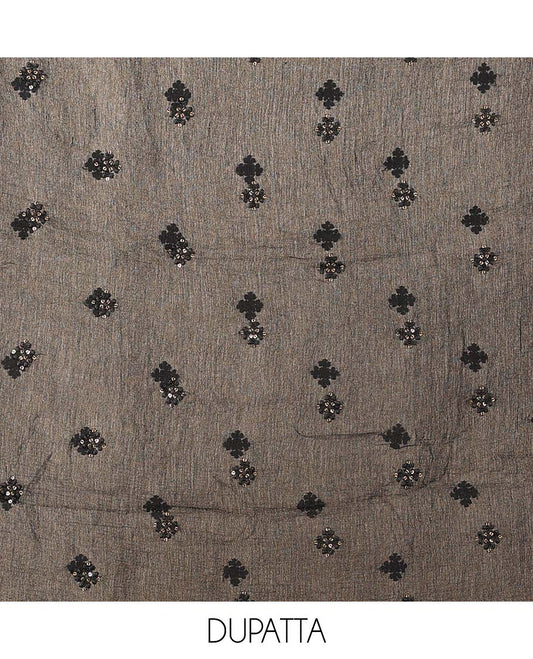 Black material chudidhar set, floral print & embroidered top, plain bottom & embroidered dupatta