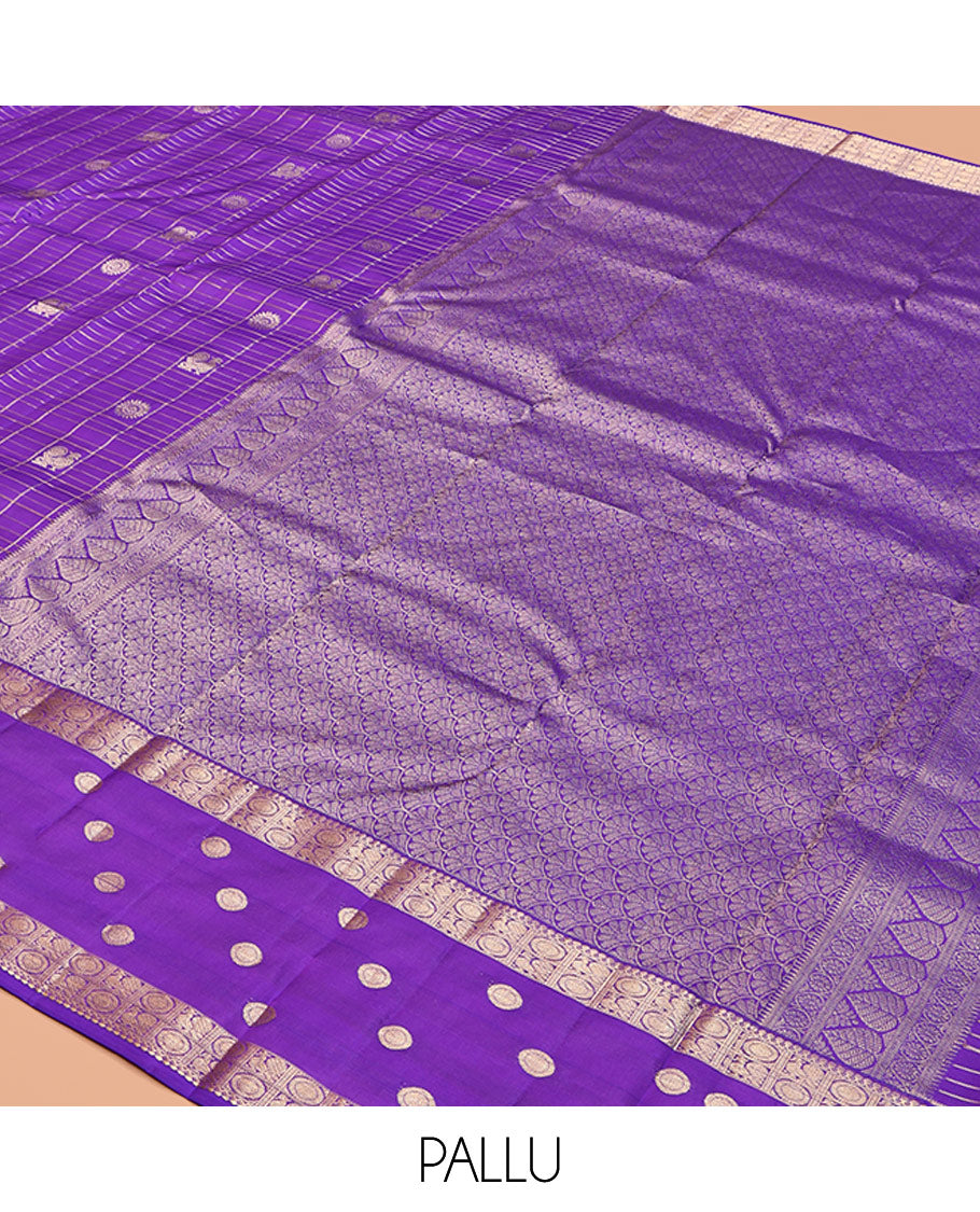 Violet Vasundhara Silk Saree, Embellished with Mayil-Chakram Buttas and Checks, Highlighted by a Zari Mayil-Chakram Border, Scallop Design Pallu, and a Matching Blouse