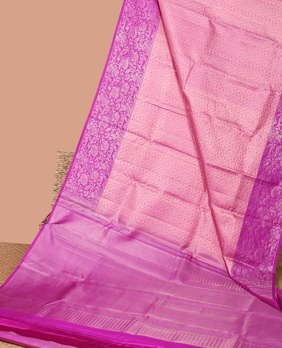 peach  floral jacquard kancheepuram silk saree with contrast zari border & argyle zari design pallu