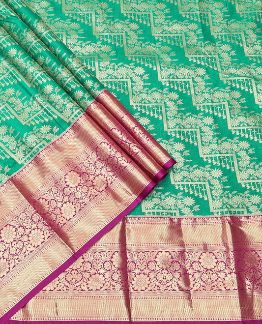 Green Art Silk Material Half Saree, Elegantly Framed with Jacquard Skirt, a Contrast Traditional Zari Border, Contrast Blouse, and an Intricate Dhavani