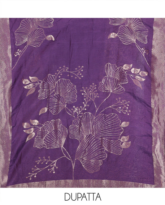 Violet Semi-Silk Material Chudidar Set, Adorned with Pom-Pom Necklined Top, a Plain Santoon Bottom, and Paired Floral Zari Woven Semi-Silk Dupatta