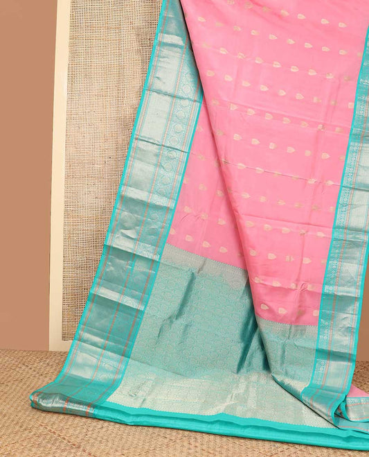 Baby pink buttas silk saree with contrast border of thilakam mokku, banaras, paun, kodi visiry design & floral design pallu