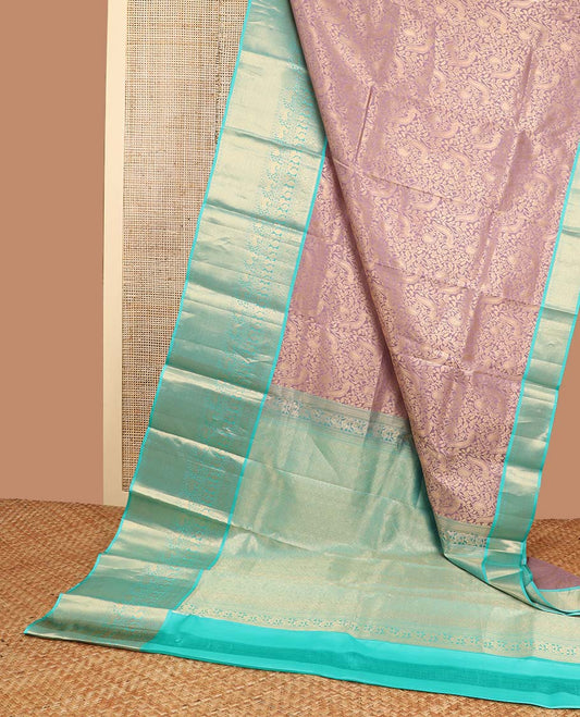 Mauve floral design kancheepuram silk saree with contrast  border of rekku, banaras, poo chakram, mayil design & zari design pallu