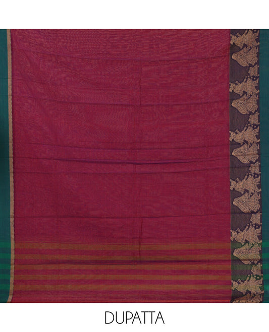 Magenta mercerised cotton material chudidar set, Madhubani-style bride-groom motif woven top, bottom & dupatta