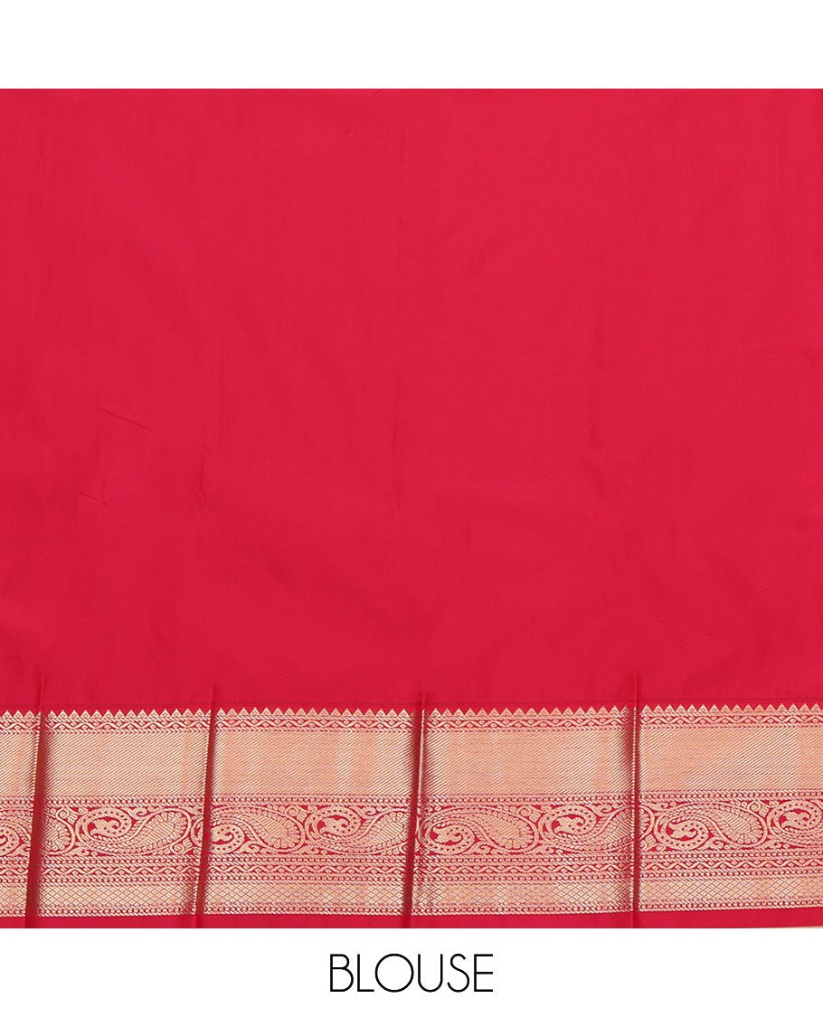 Green Budget Silk Saree, Embellished with Zari Buttas and Stripes All Over Its Body, Complemented by a Contrast Traditional Zari Design Border of Paisleys, Majestically Detailed Pallu, and Paired with a Contrast Blouse