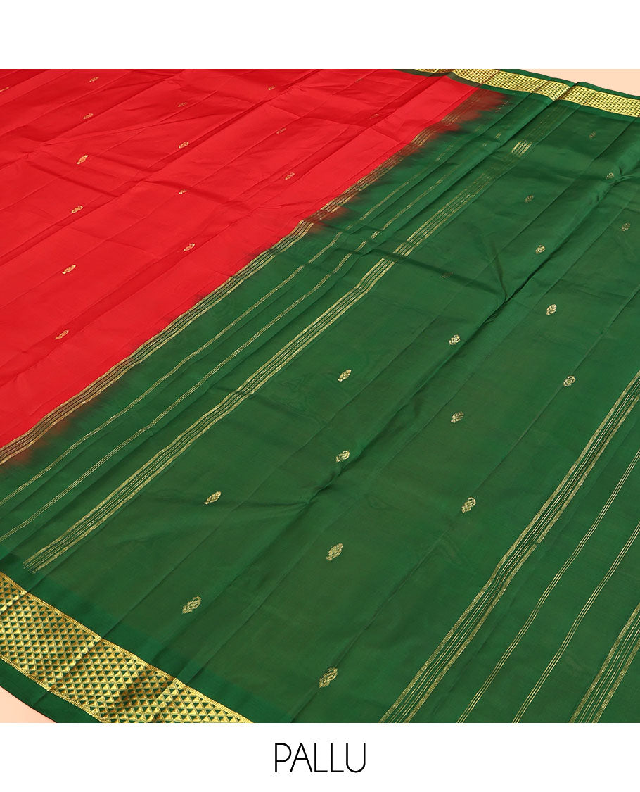Red Kanchipuram Silk Saree, Woven with Zari Buttas, a Contrast Ara Maadam Border, Zari Design Pallu, and a Contrast Blouse