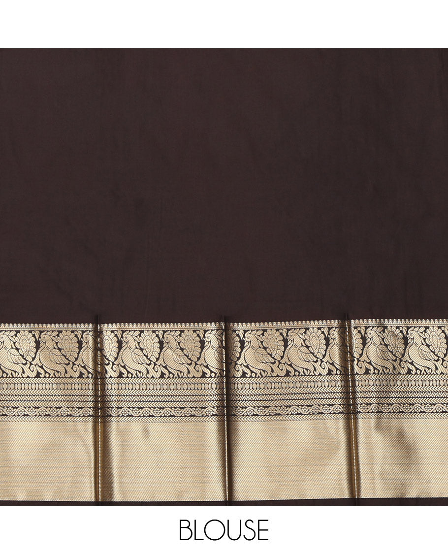 Green Budget Silk Saree, Elevated with Floral-Circular Buttas, a Contrast Traditional Peacock Zari Border, a Grand Pallu and a Contrast Blouse