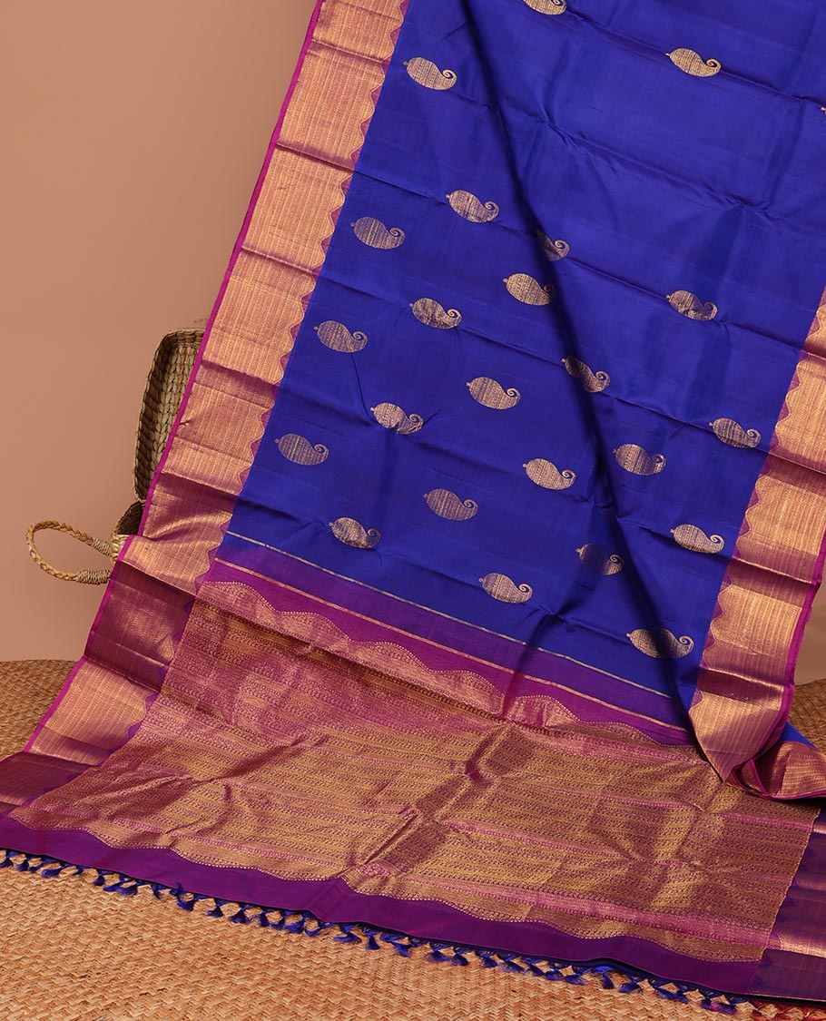 Blue manga buttas silk saree with contrast traditional zari border & intricate  zari design pallu